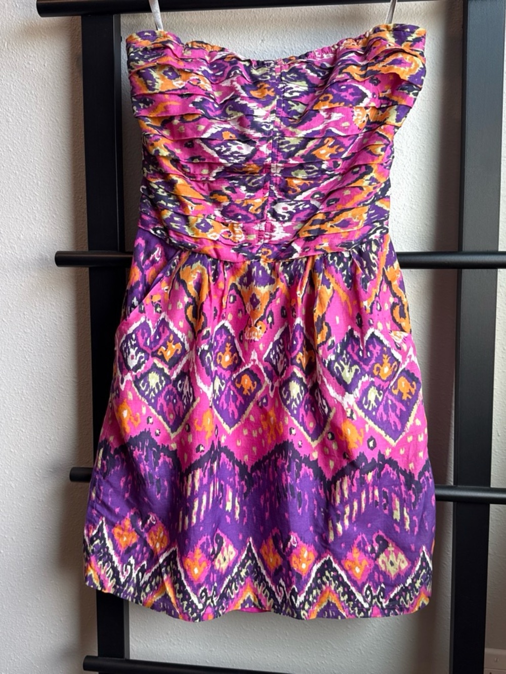 Strapless Pink & Purple Printed Summer Dress